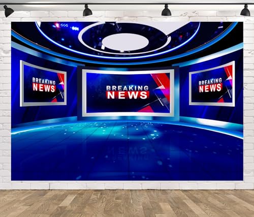 CORFOTO News Broadcast Backdrop Fabric 7x5ft TV Show Newscaster Studio Photography Background for Media Monitor Equipment Microphone Reporter Live Studio Newscaster Portrait Photobooth Props