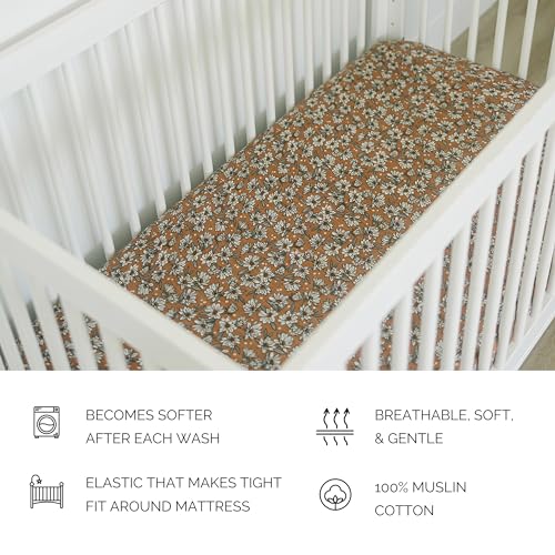 Image of Magnolia Muslin Crib Sheet by Mebie Baby, Soft and Breathable Bed Sheets for Babies, Modern Neutral Bedding for Cribs, Standard Crib Mattress Fitted Sheet, Great for Boy or Girl Room or Nursery