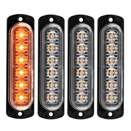 4pcs 6 Led Ambre Feu de Lumière Stroboscopique LED Ultra Mince, 18 Modes Clignotants Étanche IP65, Flash LED Haute Intensité 12V-24V Universel pour Camion, Voiture, SUV