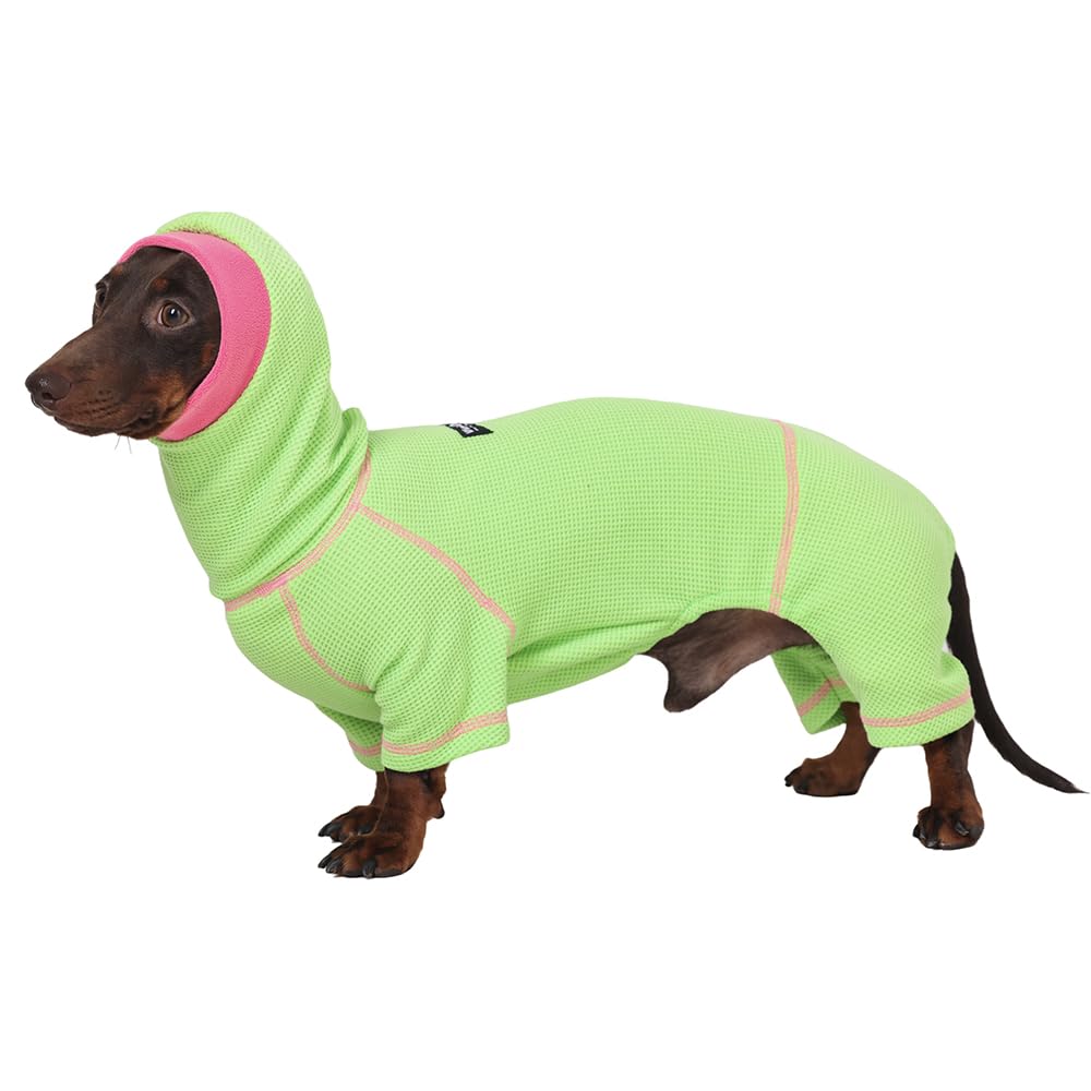 WienieDay Dachshund Dog Turtleneck Sweater, Waffle Pullover Jumpsuit for mini Dachshunds, Soft 4-Leg Dog Pajamas, Snug Outfit for Long Body Breeds (