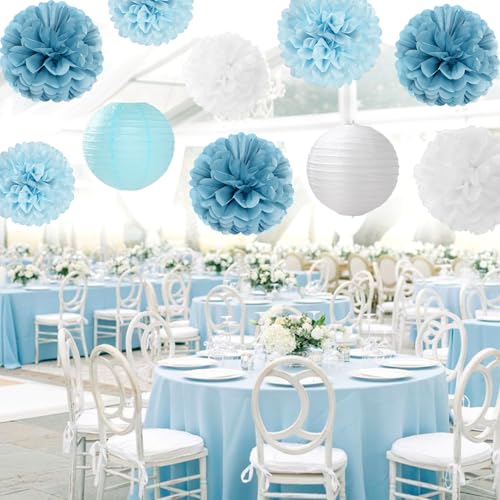 Image of Dusty-Blue White Party-Decorations Paper-Flowers Lanterns - 15pcs Birthday Baby Bridal Shower Tissue Pom Poms Streamers Honeycomb, Boy Men Wedding Bachelorette Hanging Supplies Decor Hugfond