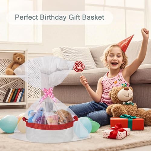 Image of COMSE Small Gift Basket Empty with Bag & Ribbons, Red & White