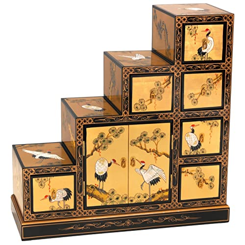 Red Lantern Hand Crafted Artisanal Gold Lacquer Step Tansu -