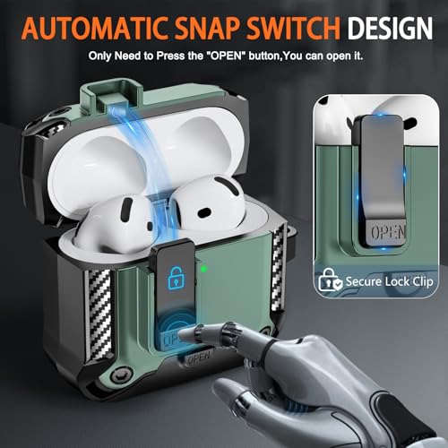 Image of for AirPods 4 Case with Lock & Phone Stand(Green) | Automatic Snap Switch Lock,Carbon Fiber Texture Design Cover with Cleaner Kit