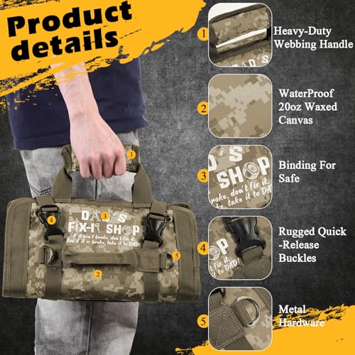 Sweetude Roll up Tool Bag and Kraft Paper Box Set for Men Heavy Duty Tool Bag Portable Tool Bag with Shoulder Strap and 2 Detachable Pockets Survival Kit for Dad Gifts (Camouflage Color) - Image 3