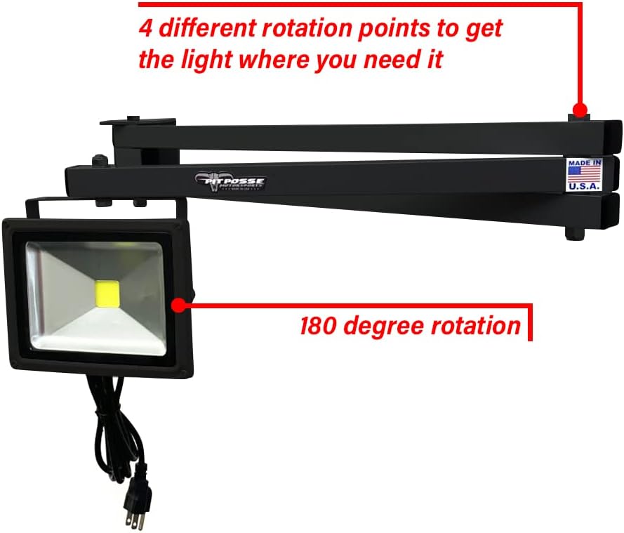 Pit Posse 490BK Swing Arm Flip Out LED Light Adjustable Extendable Arm-Made in USA-Aluminum Industrial Enclosed Cargo Race Trailer Shop Garage Warehouses Docks Race Boat Car Accessory Cabinet-Black