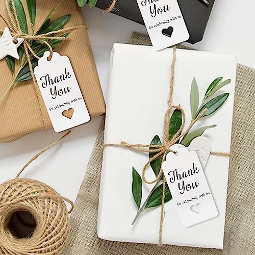White Gift Tags,Baby Shower Tags,Shower Favors Tags,Hollow Heart Thank You for Celebrating with Us Paper Tags,100 Pcs Wedding Party Favors Tags,Kraft Thank You Tags with 66 Feet Jute Twine