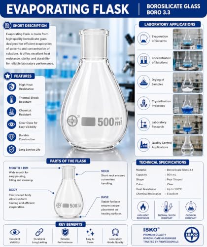 Image of ISKO Borosilicate glass 24 /29 Joint Recovery Flask Heavy Wall Single Neck Round Bottom Evaporating Flask (500ml)