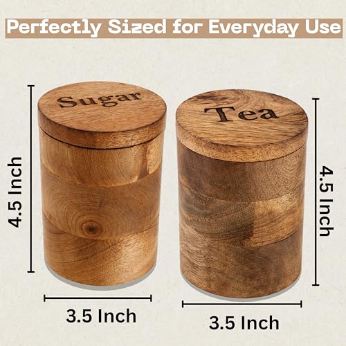 Image of Classyo Wooden Tea and Sugar Container Set of 2 with Spoons | Airtight Sugar Tea Container Set | Wooden Kitchen Storage Box with Magnetic Lid (Set of 2)