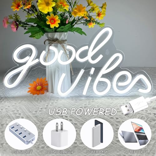 Image of Good Vibes Neon Sign White Good Vibes Neon Lights USB Operated Aesthetic LED Signs for Bedroom Wall Decor Birthday Party Wedding Salon Bar Home Girl Cave