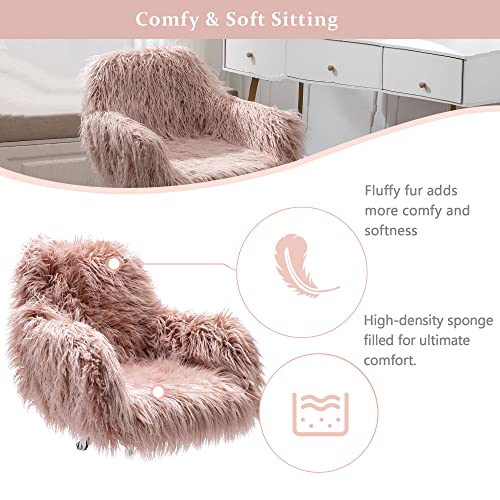 Goolon Faux Fur Office Desk Chair Fluffy Home Desk Chair Modern Swivel Chair With Armrest Soft Comfortable Makeup Vanity Chair For Woman Girls Living Dressing Room Pink #TOP4