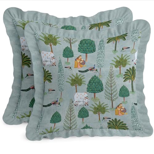 Vargottam Tree Print, Decorative Cushion Covers 16x16-100% Cotton Twill Set of 2 with Ruffle Edges, Farmhouse Print, Concealed Zipper Closure, No Fillers