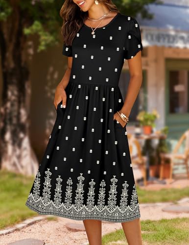 Image of HOTOUCH Women's Summer A-Line Midi Dresses 2026 Casual Floral Short Sleeve T-Shirt Dress Flowy Beach Sundress with Pockets
