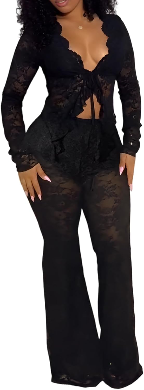 Mojessy Birthday Outfits for Women Sexy 2 Piece Outfits Clubwear Lace Long Sleeve Tie Front Cardigan Flared Pants Set - Image 4