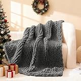 WRENSONGE Chunky Knit Blanket Throw Dark Grey Large Soft Fluffy Cable Knit Crochet Throw 100% Hand Knitted Blanket for Couch Bed(50'x60')