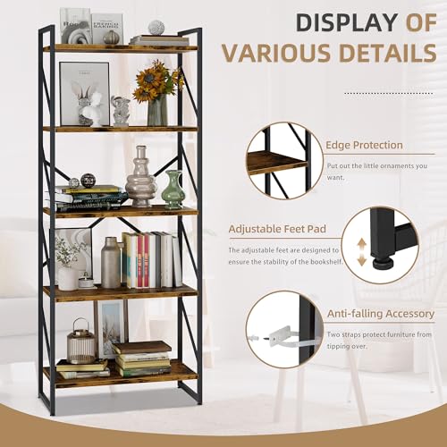 Vongrasig 5 Tier Bookshelf, Modern Tall Bookcase, Industrial Book Shelves Display Standing Shelf, Free Standing Storage Organizer for Bedroom, Living Room, Rustic Brown by Vongrasig - Image 5