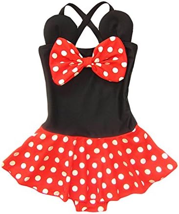Kid Toddler Baby Girls Bathing Suit Bow Dot One Piece Swimsuit Swimwear, Red Black, Large