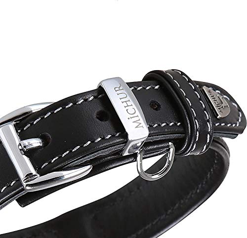 MICHUR Classica Collar de Cuero para Perros, Cuello, Negro con Costuras Blancas y un Anillo para la Placa de identificación, Cuero, Disponibles en Diferentes tamaños,51cm