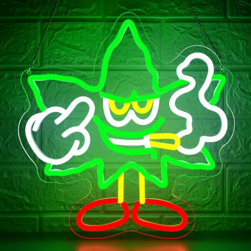 Image of Weed Neon Sign for Wall Decor Green Leaf Neon Light Dimmable Cartoon Neon Light Sign Weed Wall Decor Neon Signs for Man Cave Bedroom Hotel Shop Bar Garage Decor Gifts for Men,Size 13.8 * 13.1in(P044)