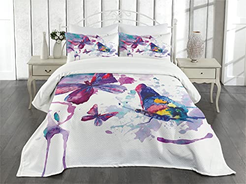 Ambesonne Butterfly Bedspread, Watercolors Print Of Butterfly Sign Of The Soul Power Female Art Modern Display, Decorative Quilted 3 Piece Coverlet Set With 2 Pillow Shams, Queen Size, Purple White #TOP1