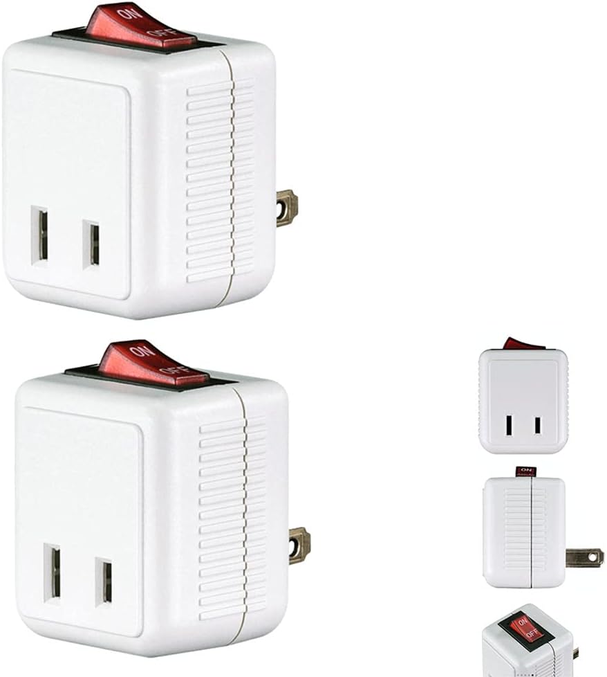 2 Single Port Power Outlet Wall Tap Adapters Beige On Off Lighted Switch Control
