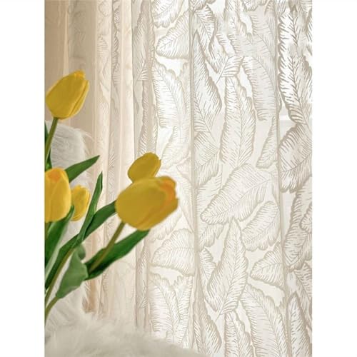 Voilage blanc jacquard haut de gamme 107x229cm avec broderie de feuilles de bananier en relief