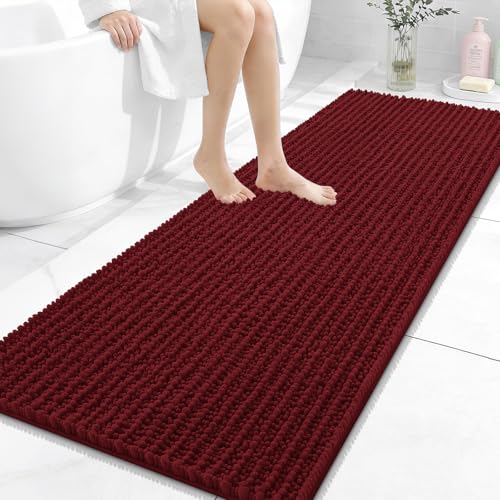 Image of OLANLY Long Bathroom Rugs Runner 59x24, Thick Soft and Absorbent Chenille Bath Mat, Non-Slip, Machine Washable Quick Dry Bath Rugs for Tub Shower Floor, Home Decor Accessories, Burgundy