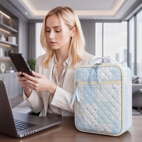 shiprabags Cotton Quilted Lunch Box for Women, Reusable Insulated Lunch Bag, Leakproof Floral Lunch Tote Bag for Work Picnic Travel Office (Green Blue Patchwork, M) - 4