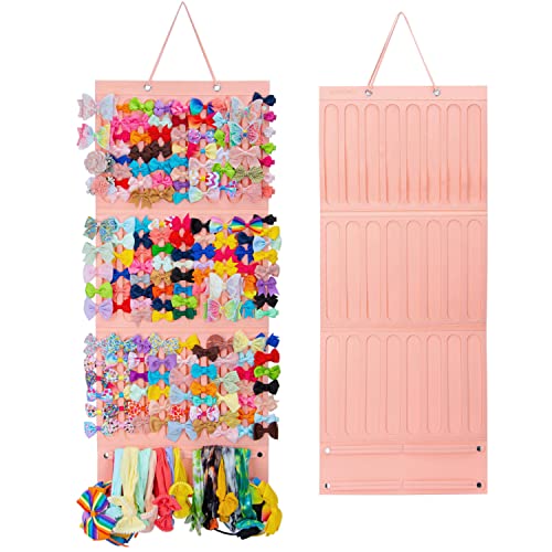 JOYMOMO Girly Pink Hair Accessory Organizer - Holder for Girls' Hair Bows, Clips, Ties & Scrunchies - Foldable Wall Mount Storage Caddy