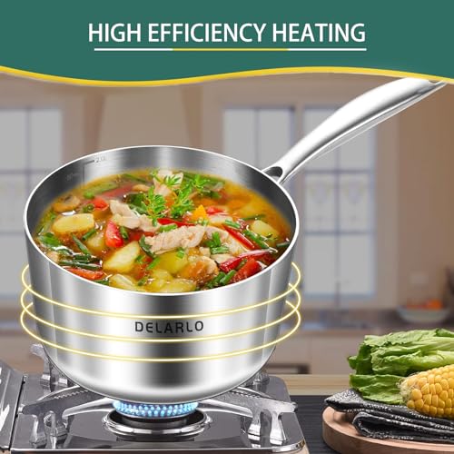 Image of DELARLO Whole Body Tri-Ply Stainless Steel 3 Quart Saucepan with Lid, Oven Safe 600℉, Heavy Duty Saucier Pan 3 Quart, Fast and Even Heat, Kitchen and Dining Sauce Pot, Induction Pot(Lids 300℉)