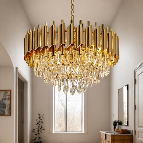 Image of Murphy Radiance 500mm Golden Crystal Pendant Light | Modern Round Ceiling Chandelier for Living Room, Bedroom & Hall (Antique Gold, 3-in-1 LED Plate - Warm White, Natural White, Cool White, Pack of 1)