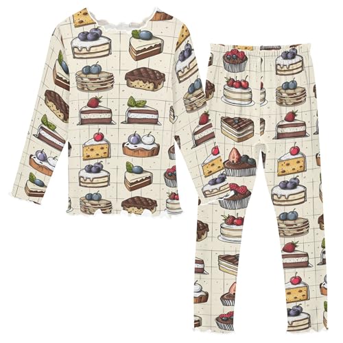 Exnundod Cake Dessert Pattern Snug-fit Pajama Set Warm Cozy Nightwear Loungewear Pjs for Winter & Fall Size 5-6T