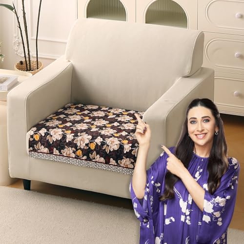 Image of HOKIPO 'Florentina Series' Premium Holland Velvet Sofa Cover Mat for 1 Seater Sofa with Foam Filling for Extra Softness, Anti-Slip Backing, Camellia Brown (IN-878-V2*1)