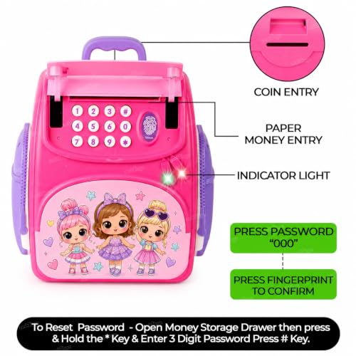 Image of Zest 4 Toyz Electronic Piggy Bank for Kids School Bag ATM Money Bank with Password Lock Finger Print Sensor Cash Coin Musical Money Safe for Kids Girls Piggy Savings Bank (Pack of 1) Multicolor