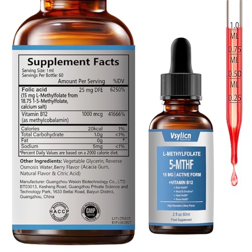 L Methyl Folate 25mg Plus Methyl B12 Cofactor 60ml – Organic Berry Flavor, High Potency Liquid Sublingual Active 5-MTHF Form - Supports Mood, Methylation, Cognition – Bioactive Forms Vitamin B9 & B12