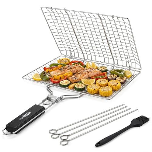 BBQtrips Fish Grill Basket for Outdoor BBQ - Stainless Steel Folding Wire Rack with Detachable Wooden Handle - Portable BBQ Net for Vegetables, Prawns & Steak - Includes Brush & 4 Skewers