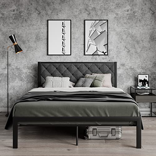 Sha Cerlin Queen Metal Platform Bed Frame With Upholstered Fabric Button Tufted Headboard, Mattress Foundation With 17 Strong Metal Slats Support, No Box Spring Needed, Easy Assembly, Dark Grey #TOP2