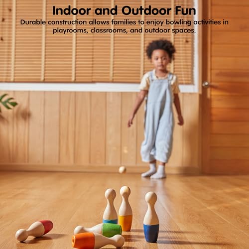 Image of PlanToys Bowling Set Wooden Montessori Gross Motor and Coordination Toy | Movement, Concentration and Early Math Learning Activity | Eco Friendly Indoor and Outdoor Bowling Game