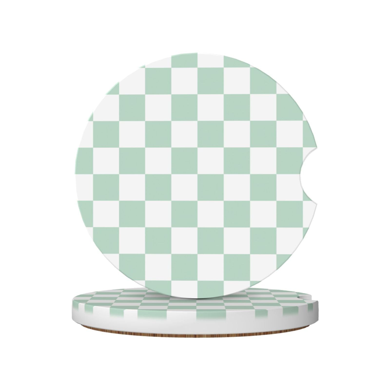 White and Green Checkered Car Coasters for Cup Holders,2 Pack Car Cup Holder Coasters for Car,Ceramic Absorbent Car Coaster with A Finger Notch and Cork Base,Car Interior Accessories for Women Men