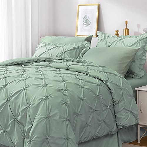 JOLLYVOGUE Green Twin Size Comforter Sets 5 Pieces, Pintuck Bed in a Bag Comforter Set for Bedroom, Bedding Comforter Sets with Comforter, Sheets,Ruffled Shams & Pillowcases
