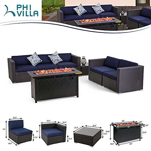 Phi Villa 7 Pieces Patio Furniture Sectional Sofa Set Outdoor Wicker Rattan Patio Conversation Sets W/Csa Approved 45 Inch Propane Fire Pit Table & Coffee Table #TOP7