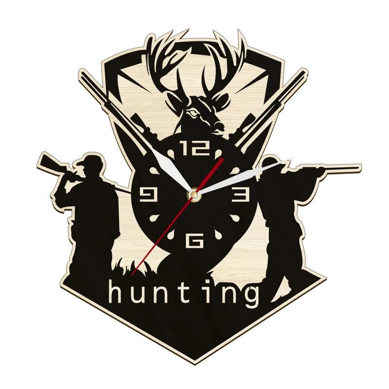 qeznef Deer Hunting Black Wall Clock Made of Natural Wood Farmhouse Style Wall Watch for Man Cave Rifle Shooting Buck Hunter Time Clock