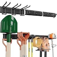 BONTEC Wandmontierter Werkzeughalter, 336 kg Tragfähigkeit, 3 Rail Panels, Verstellbare Garage Wandregale mit 8 Haken, Besenhalter, Gartengeräte Aufbewahrung, Stabil und Rostbeständig, Schwarz