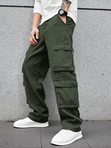 Image of Men's 8 Pocket Cargo Pants | Premium Cotton Twill Baggy Fit Trousers | Stretchable Casual Streetwear Cargos | Mid Rise
