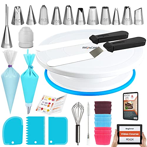 RFAQK 100Pcs Cake Turntable Set - Cake Decorating Supplies Kit with 30 Piping Bags, 12 Numbered Icing Tips, 50 Cupcake Liners, Cake Decorating Tools, 2 Icing Spatula, Scrapper Set