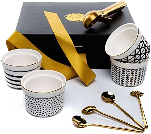 MONARCA Ramekins 8 Oz oven safe, ceramic bowls set of 4 with Ice Cream Scoop with Stainless Steel Trigger and 4 teaspoon, creme brulee ramekins, pudding cups, Porcelain Casserole, Serving or Soufflé