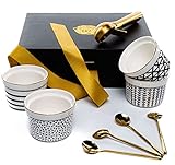 MONARCA Ramekins 8 Oz oven safe, ceramic bowls set of 4 with Ice Cream Scoop with Stainless Steel Tr