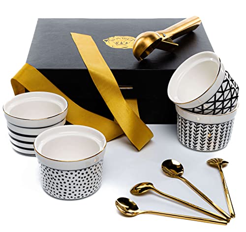 Monarca Ramekins 8 Oz Oven Safe, Ceramic Bowls Set Of 4 With Ice Cream Scoop With Stainless Steel Trigger And 4 Teaspoon, Creme Brulee Ramekins, Pudding Cups, Porcelain Casserole, Serving Or Soufflé #TOP2