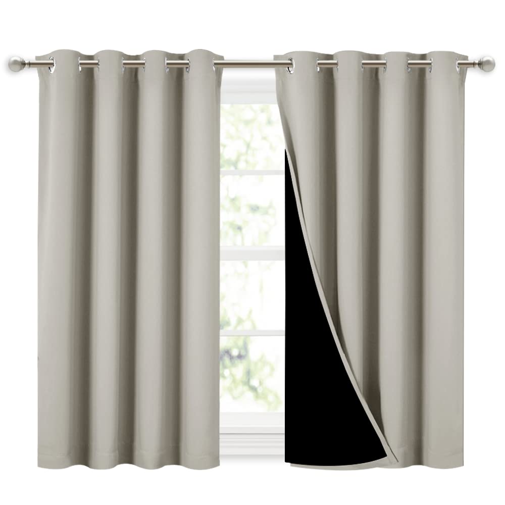 NICETOWN Natural 100% Blackout Curtains 45 inches Long, 2 Thick Layers Completely Blackout Window Treatment Thermal Insulated Lined Drapes for Small Window (1 Pair, 52 inches Width Each Panel)