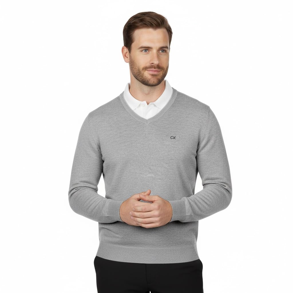 Calvin Klein Herren V-Ausschnitt Soft Cotton Pullover - Grau Marl - L